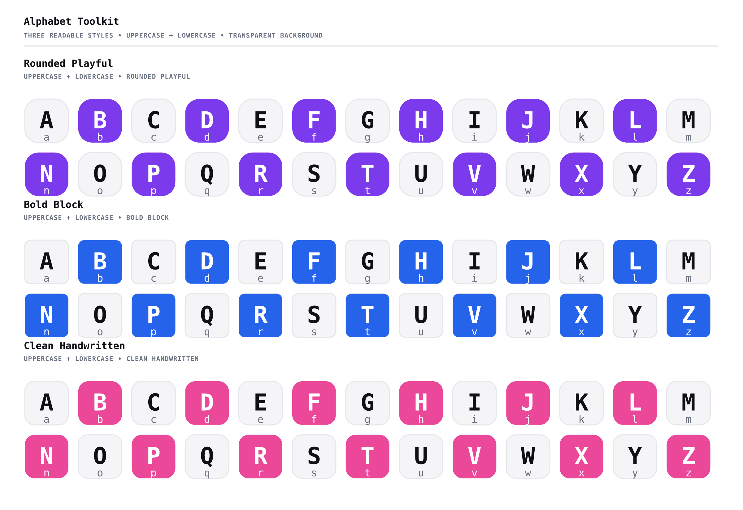 Planner Studio alphabet toolkit showing uppercase and lowercase letters in multiple playful, bold, and clean styles