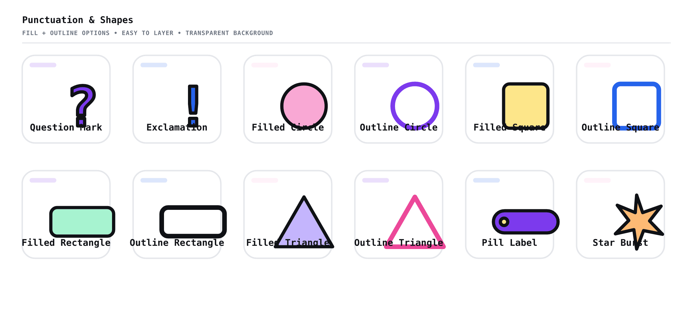 Planner Studio punctuation and geometric shapes sheet with red question marks and exclamation points plus multicolor circles, squares, rectangles, triangles, outline options, and colorful fills