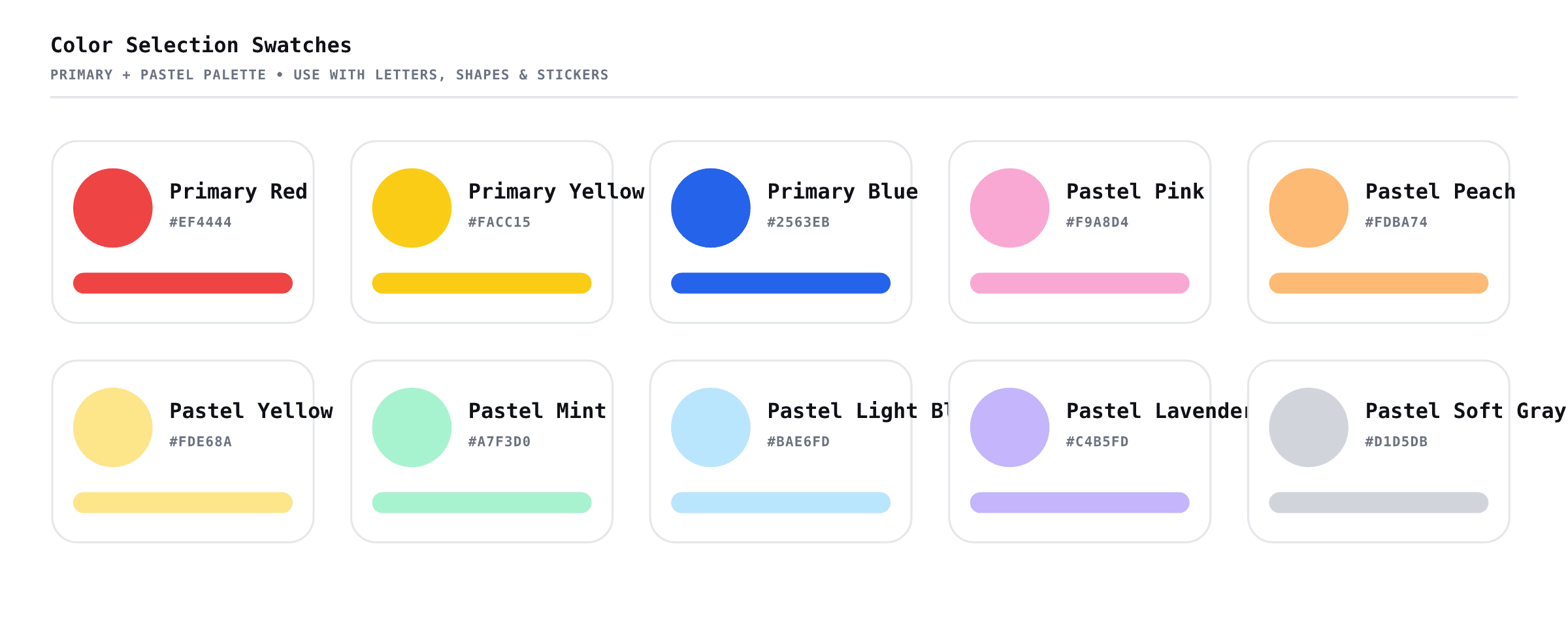 Planner Studio color selection swatches showing primary red, yellow, and blue alongside pastel pink, peach, yellow, mint, light blue, lavender, and soft gray