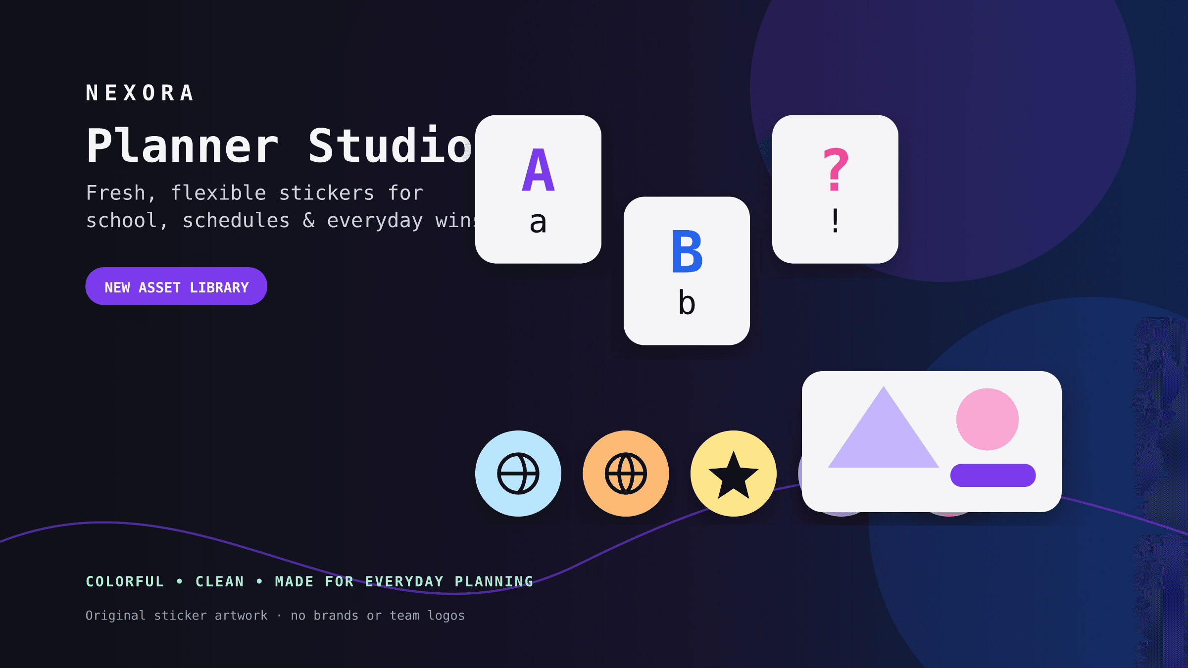 Planner Studio asset library collage featuring activity icons, colorful alphabet letters, swatches, punctuation, and geometric shapes