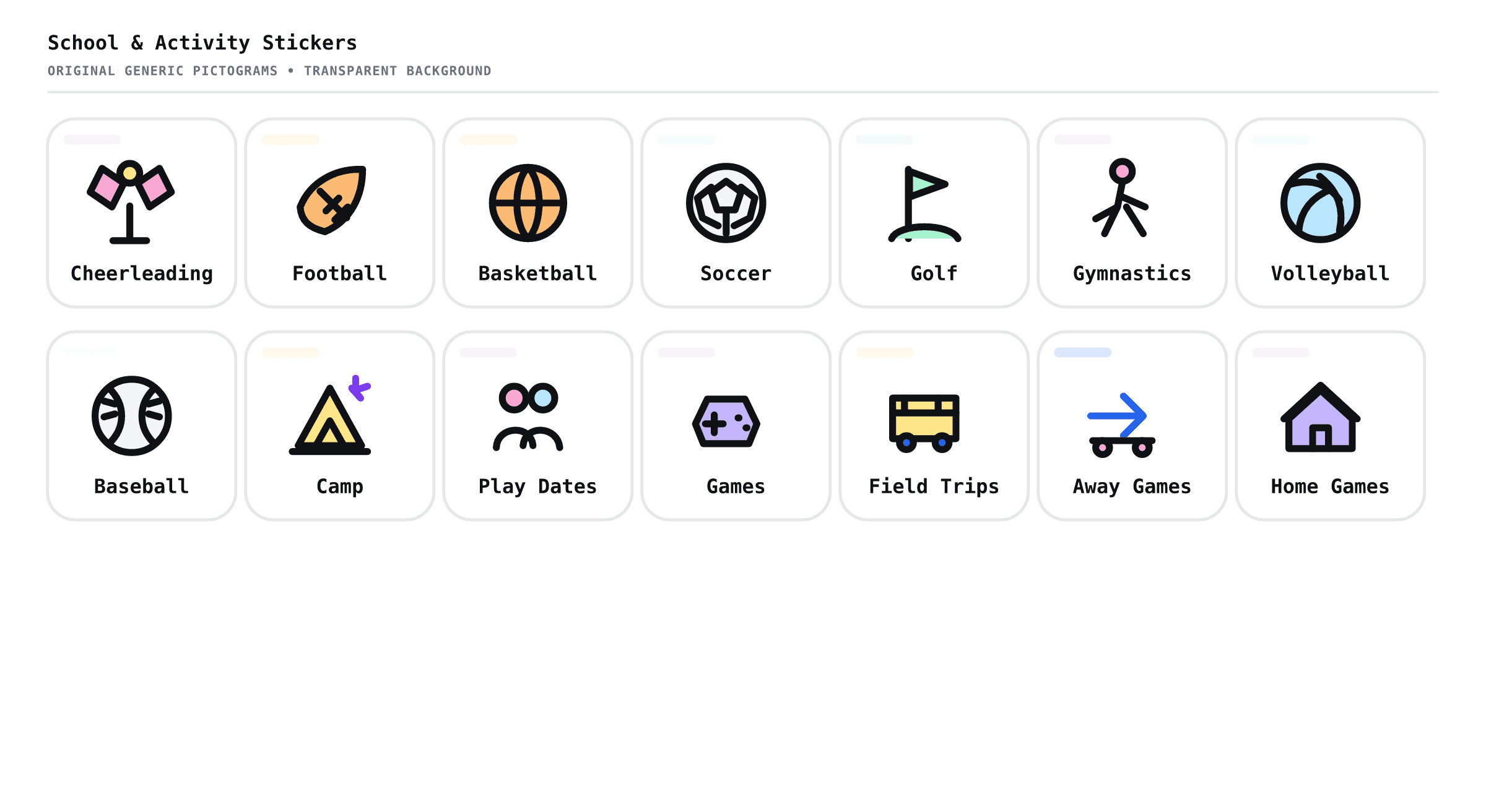 Planner Studio school sports and activities sheet with cheerleading pom-poms, football, basketball, soccer, baseball, camp, play dates, games, field trips, away games, and home games